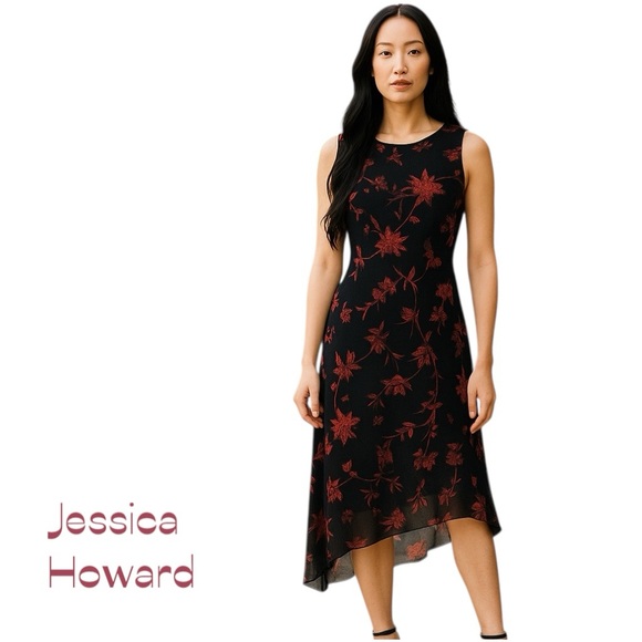 Jessica Howard Sheer Black Red Sequin Party Asymmetrical Midi Dress NWOT Size 4P - Picture 1 of 13